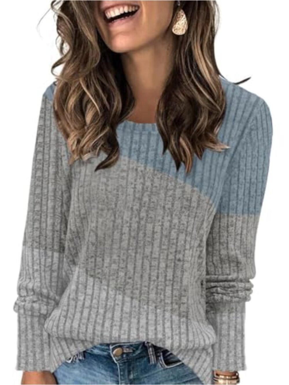 Women's Color Block Crewneck Sweater Lightweight Long Sleeve Casual Tunic